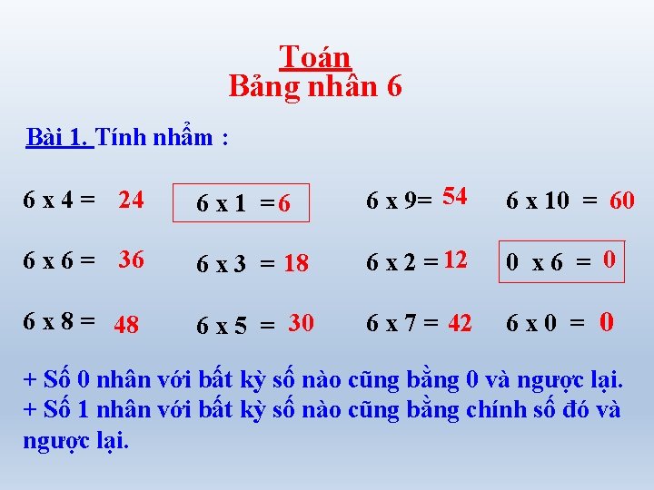 Toán Bảng nhân 6 Bài 1. Tính nhẩm : 6 x 4 = 24