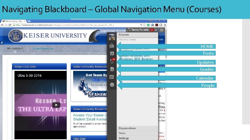 Navigating Blackboard – Global Navigation Menu (Courses) HOME Posts Updates Grades Calendar People Navigating Blackboard – Global Navigation Menu (Courses) HOME Posts Updates Grades Calendar People
