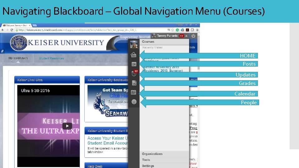 Navigating Blackboard – Global Navigation Menu (Courses) HOME Posts Updates Grades Calendar People 