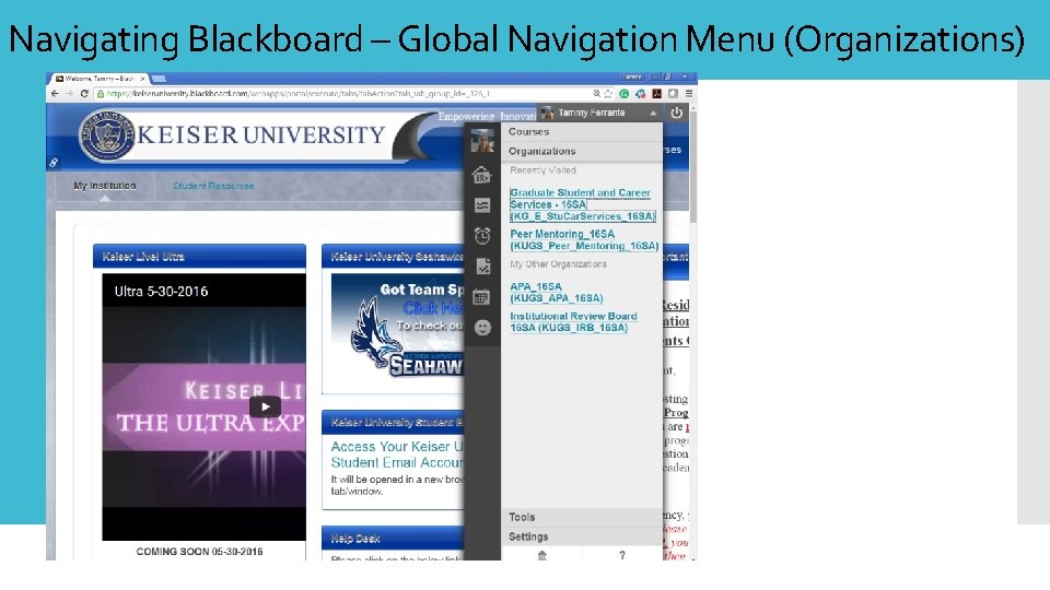 Navigating Blackboard – Global Navigation Menu (Organizations) 