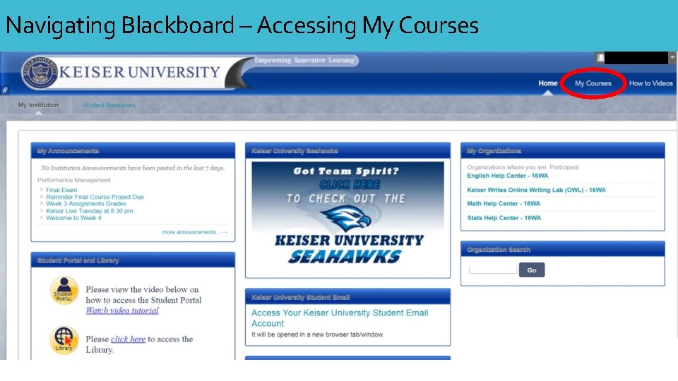 Navigating Blackboard – Accessing My Courses Navigating Blackboard – Accessing My Courses
