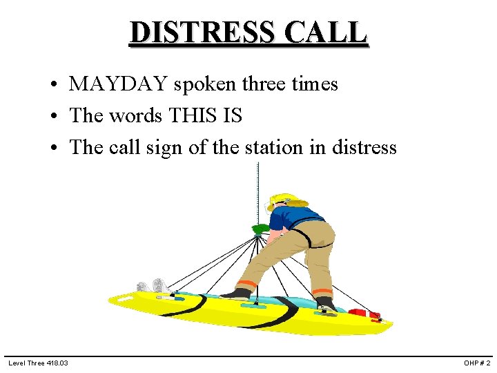 DISTRESS CALL • MAYDAY spoken three times • The words THIS IS • The