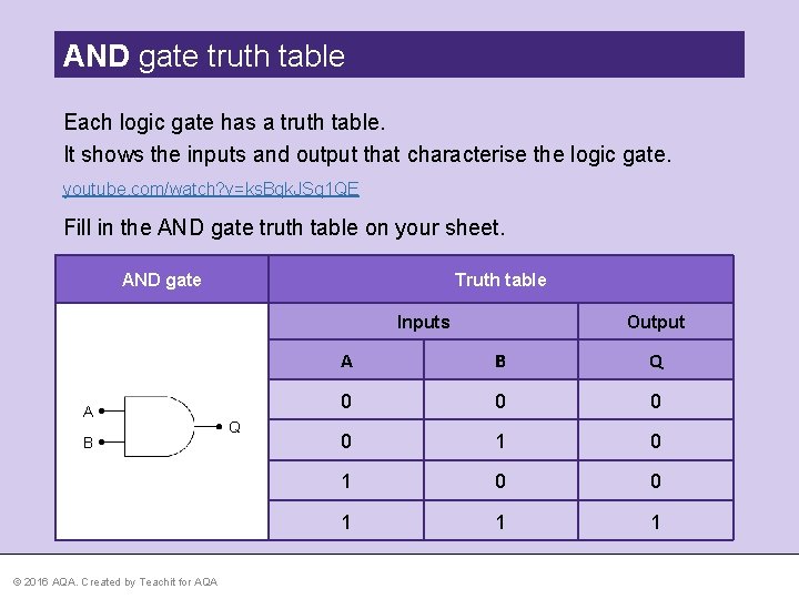 AND gate truth table Each logic gate has a truth table. It shows the