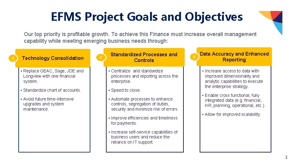 EFMS Project Goals and Objectives Our top priority is profitable growth. To achieve this