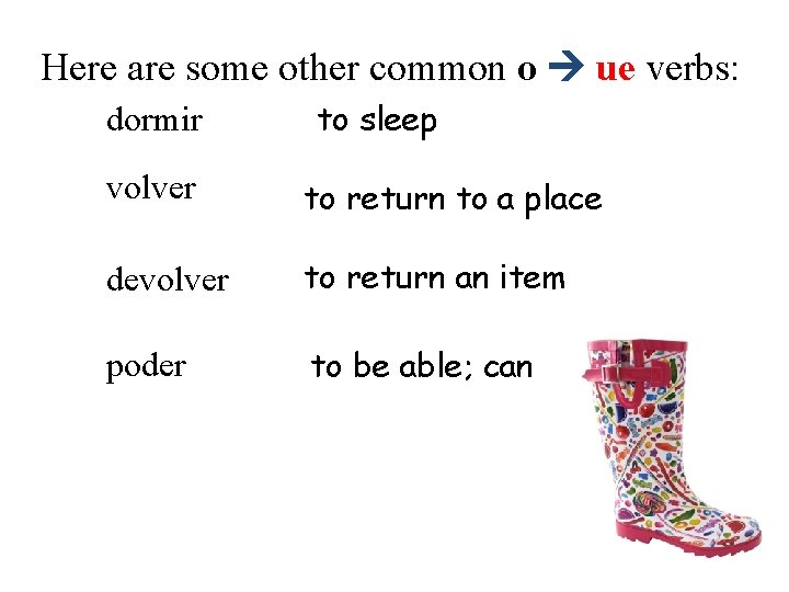 Here are some other common o ue verbs: dormir to sleep volver to return