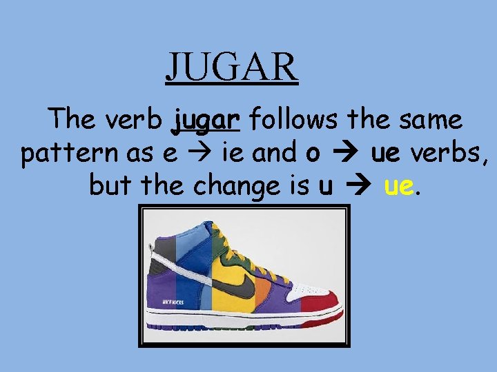 JUGAR The verb jugar follows the same pattern as e ie and o ue