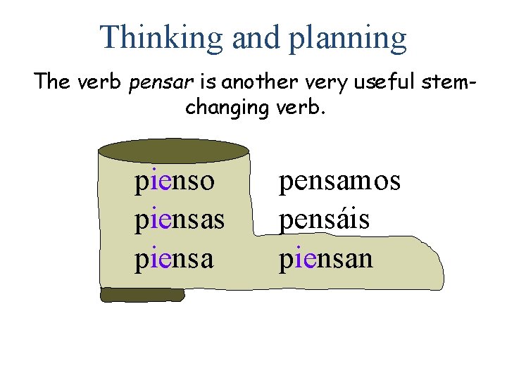 Thinking and planning The verb pensar is another very useful stemchanging verb. pienso piensas