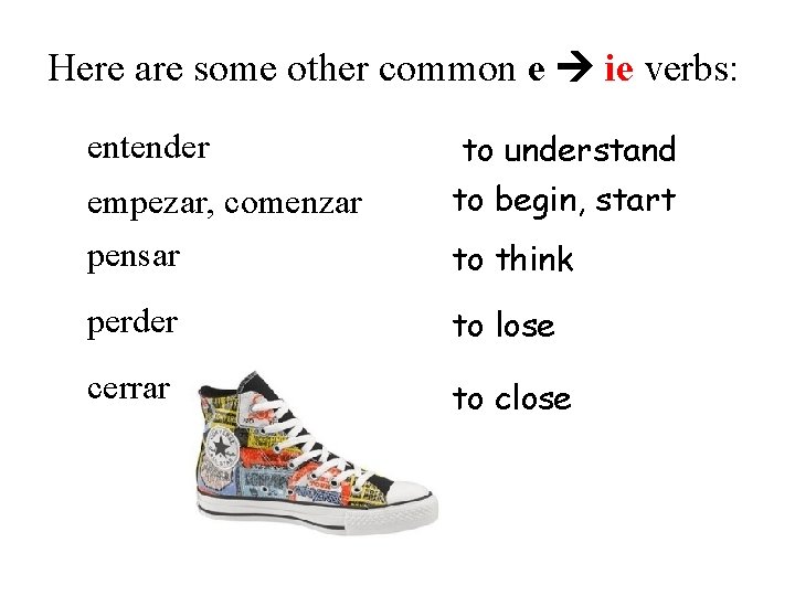 Here are some other common e ie verbs: entender to understand empezar, comenzar pensar