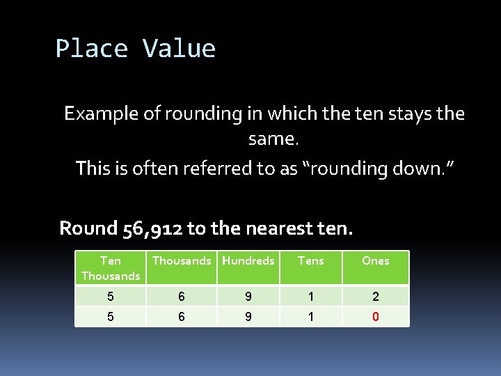 Place Value Example of rounding in which the ten stays the same. This is