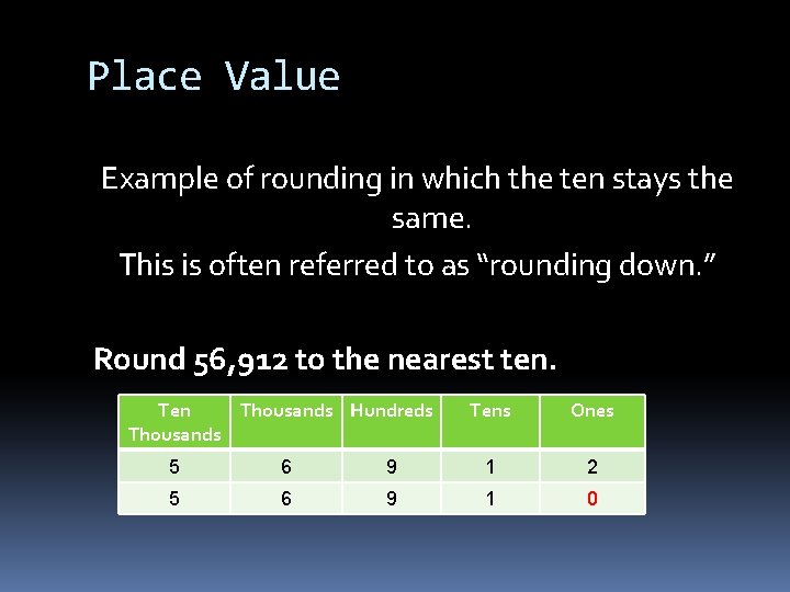 Place Value Example of rounding in which the ten stays the same. This is