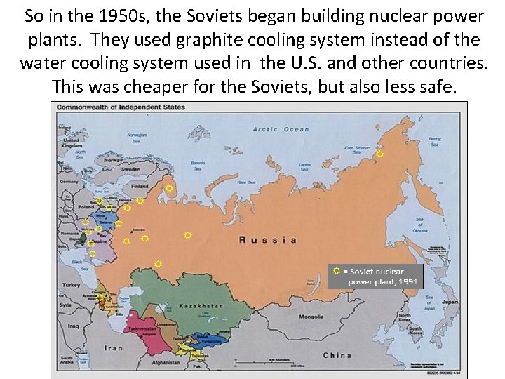 So in the 1950 s, the Soviets began building nuclear power plants. They used