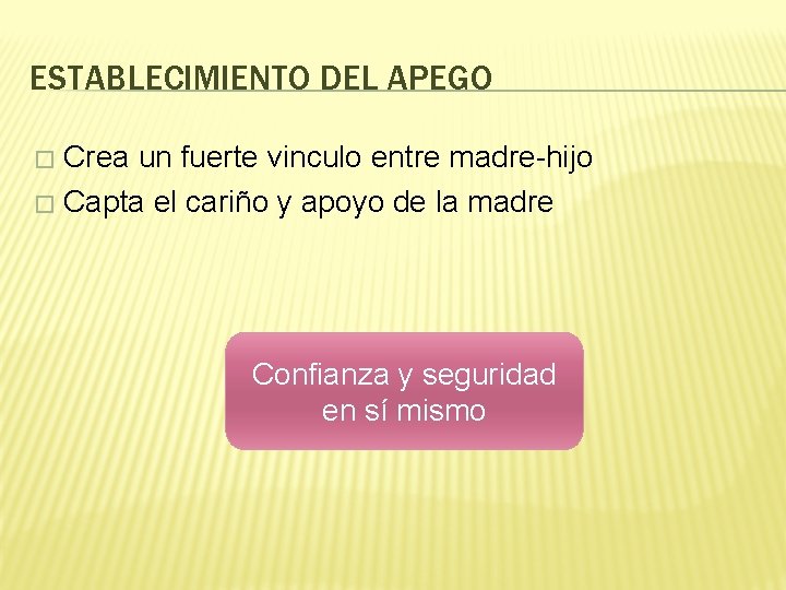 ESTABLECIMIENTO DEL APEGO Crea un fuerte vinculo entre madre-hijo � Capta el cariño y