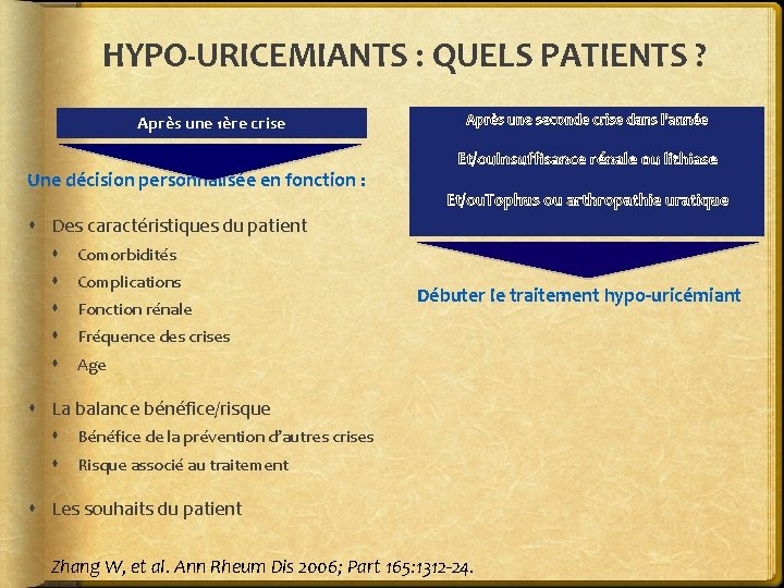 HYPO-URICEMIANTS : QUELS PATIENTS ? Après une 1ère crise Une décision personnalisée en fonction