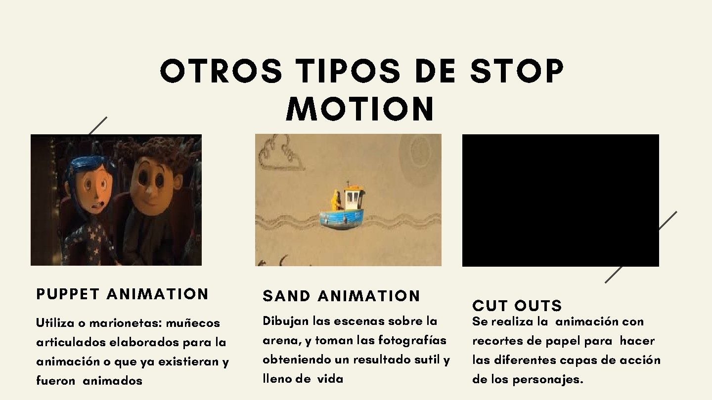 OTROS TIPOS DE STOP MOTION PUPPET ANIMATION SAND ANIMATION Utiliza o marionetas: muñecos articulados