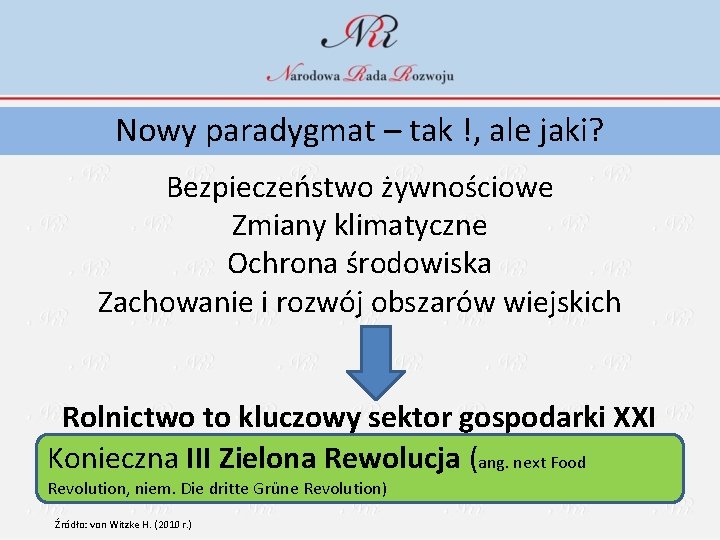 Nowy paradygmat – tak !, ale jaki? Bezpieczeństwo żywnościowe Zmiany klimatyczne Ochrona środowiska Zachowanie