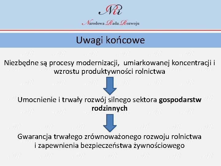 Uwagi końcowe Niezbędne są procesy modernizacji, umiarkowanej koncentracji i wzrostu produktywności rolnictwa Umocnienie i