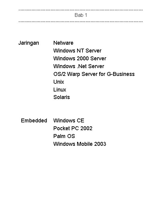 ---------------------------------------Bab 1 --------------------------------------- Jaringan Embedded Netware Windows NT Server Windows 2000 Server Windows. Net