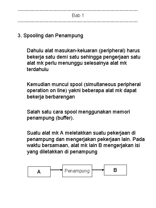 ---------------------------------------Bab 1 --------------------------------------- 3. Spooling dan Penampung Dahulu alat masukan-keluaran (peripheral) harus bekerja satu