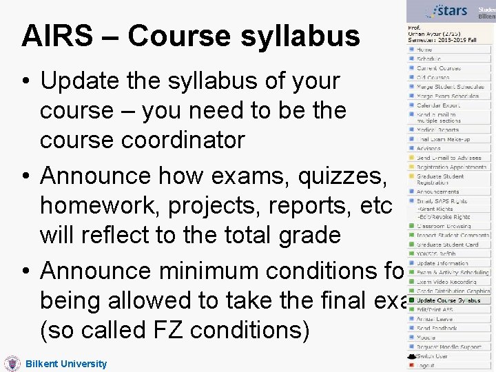 AIRS – Course syllabus • Update the syllabus of your course – you need