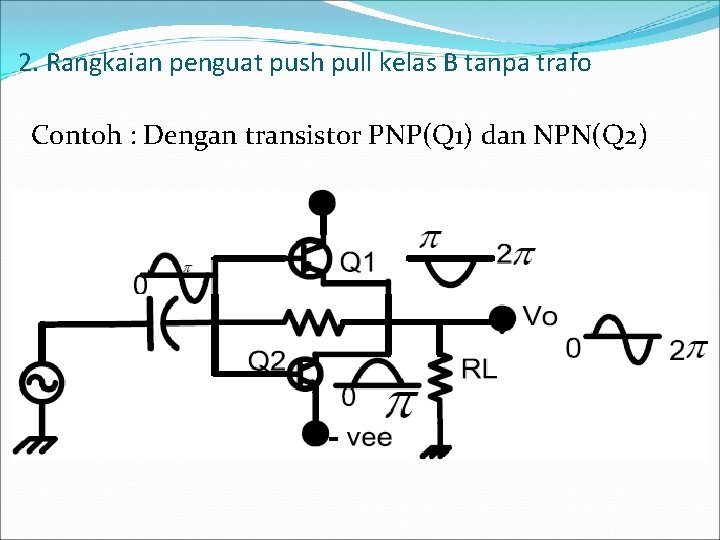 2. Rangkaian penguat push pull kelas B tanpa trafo Contoh : Dengan transistor PNP(Q