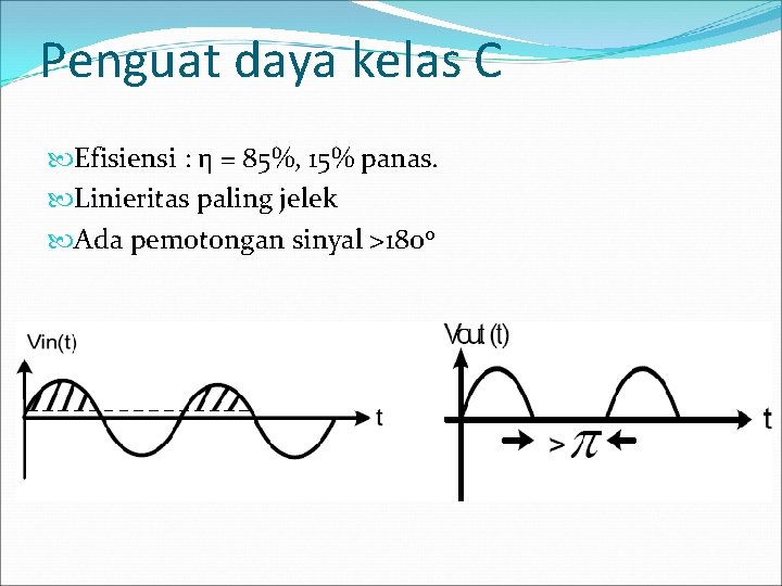 Penguat daya kelas C Efisiensi : η = 85%, 15% panas. Linieritas paling jelek