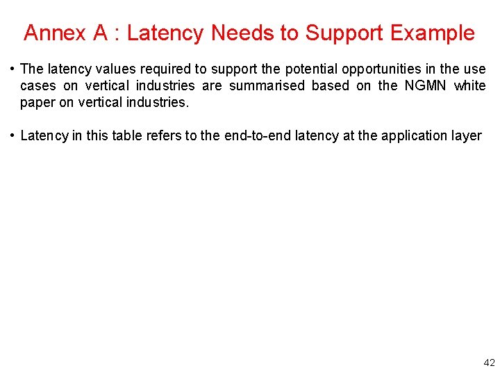 Annex A : Latency Needs to Support Example • The latency values required to
