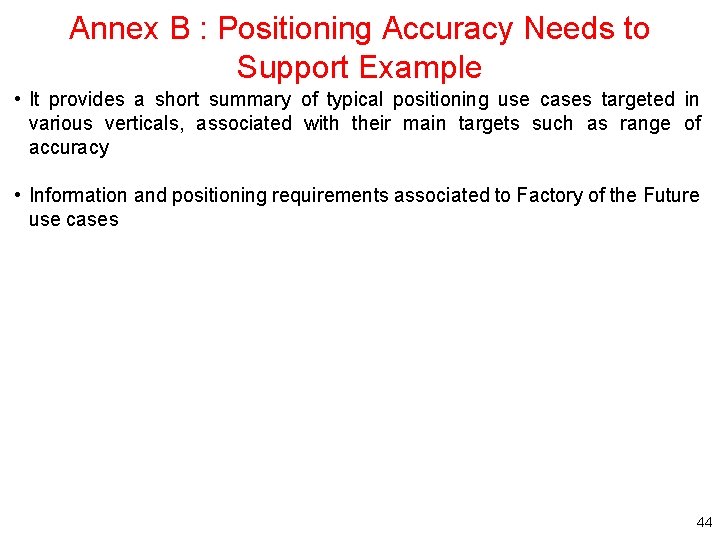 Annex B : Positioning Accuracy Needs to Support Example • It provides a short