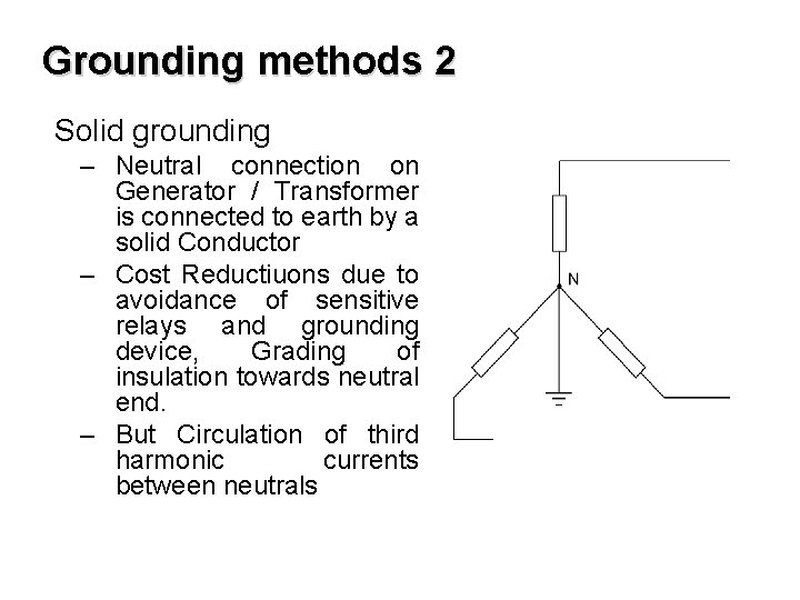Grounding methods 2 Solid grounding – Neutral connection on Generator / Transformer is connected