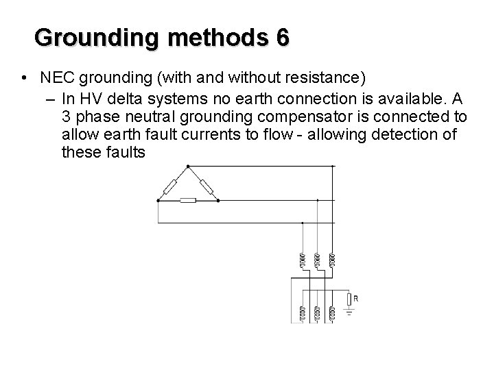 Grounding methods 6 • NEC grounding (with and without resistance) – In HV delta