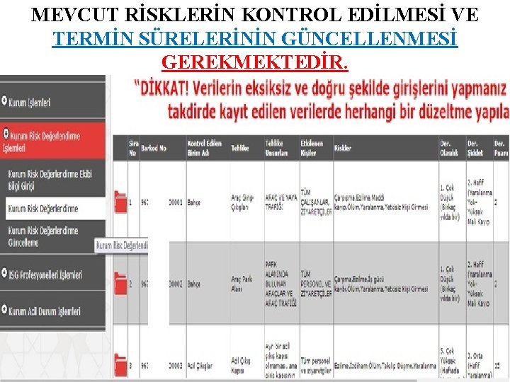 MEVCUT RİSKLERİN KONTROL EDİLMESİ VE TERMİN SÜRELERİNİN GÜNCELLENMESİ GEREKMEKTEDİR. 