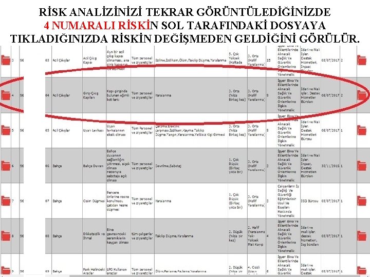 RİSK ANALİZİNİZİ TEKRAR GÖRÜNTÜLEDİĞİNİZDE 4 NUMARALI RİSKİN SOL TARAFINDAKİ DOSYAYA TIKLADIĞINIZDA RİSKİN DEĞİŞMEDEN GELDİĞİNİ