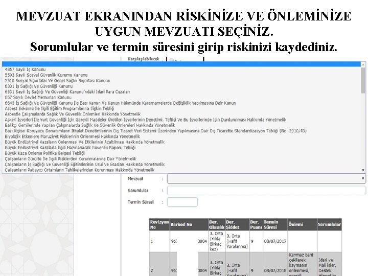 MEVZUAT EKRANINDAN RİSKİNİZE VE ÖNLEMİNİZE UYGUN MEVZUATI SEÇİNİZ. Sorumlular ve termin süresini girip riskinizi