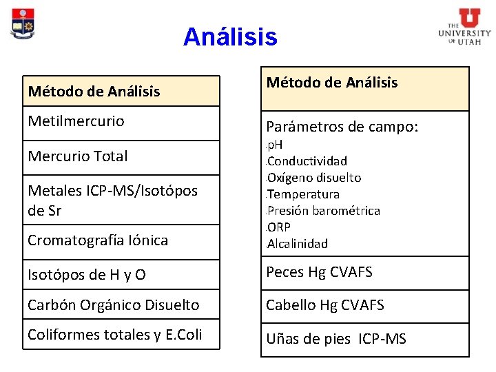 Análisis Método de Análisis Metilmercurio Mercurio Total Metales ICP-MS/Isotópos de Sr Cromatografía Iónica Método