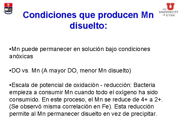 Condiciones que producen Mn disuelto: • Mn puede permanecer en solución bajo condiciones anóxicas