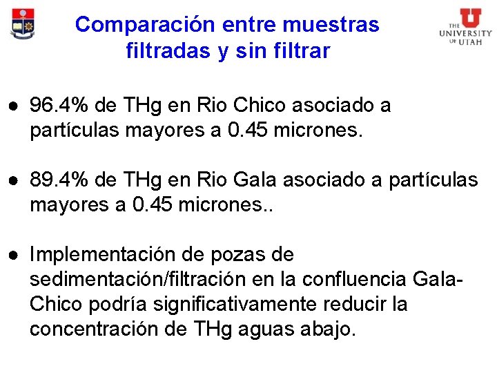 Comparación entre muestras filtradas y sin filtrar ● 96. 4% de THg en Rio