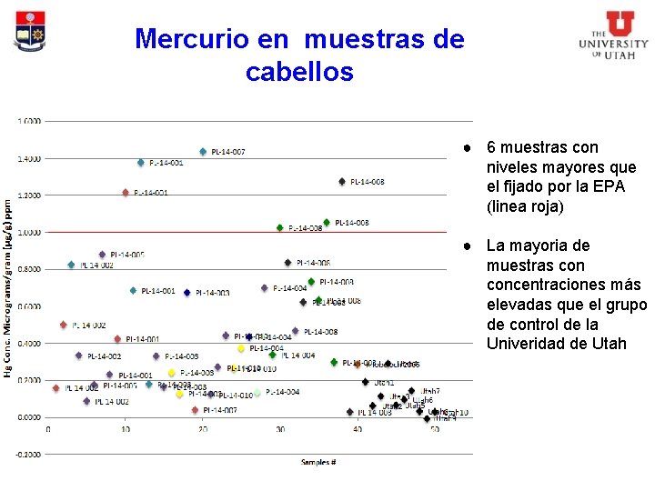 Mercurio en muestras de cabellos ● 6 muestras con niveles mayores que el fijado