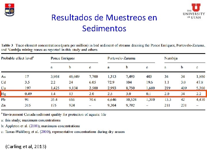 Resultados de Muestreos en Sedimentos (Carling et al, 2013) 