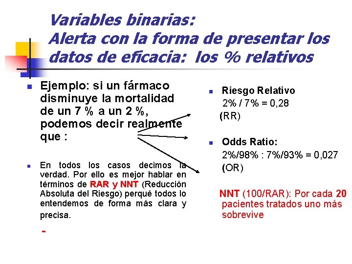 Variables binarias: Alerta con la forma de presentar los datos de eficacia: los %