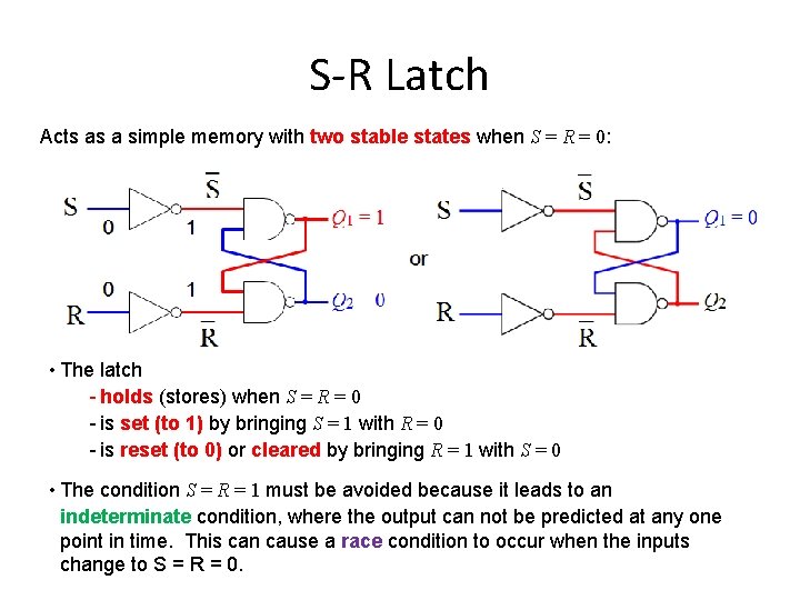 S-R Latch Acts as a simple memory with two stable states when S =