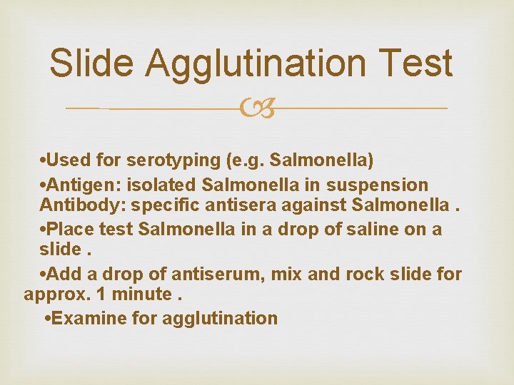 Slide Agglutination Test • Used for serotyping (e. g. Salmonella) • Antigen: isolated Salmonella