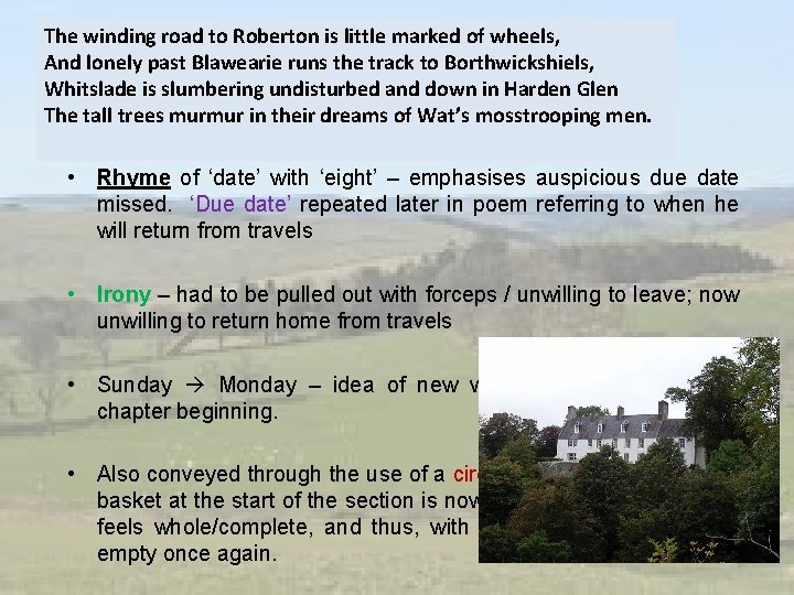 The winding road to Roberton is little marked of wheels, And lonely past Blawearie