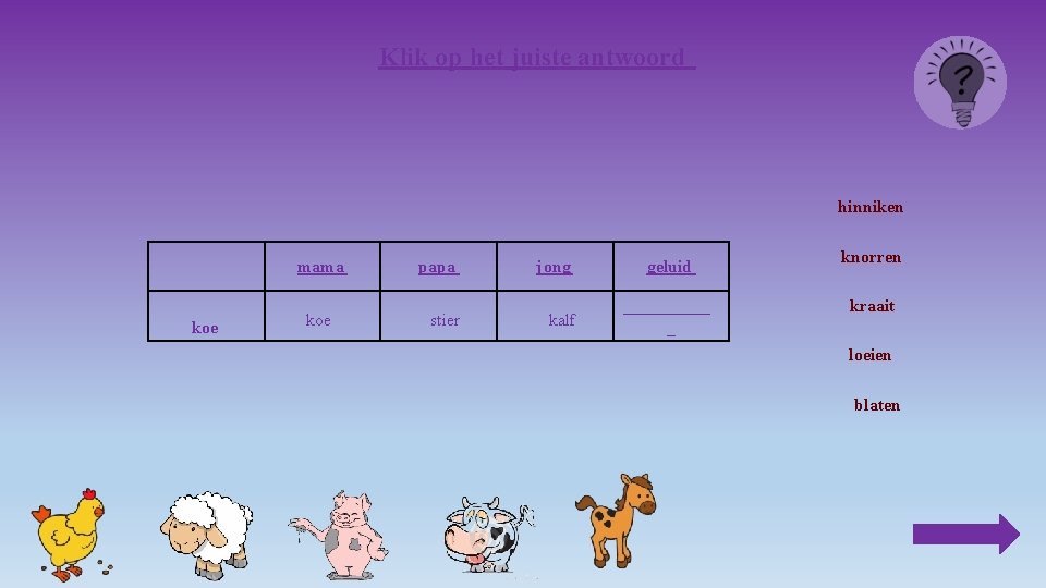 Klik op het juiste antwoord hinniken mama koe papa stier jong kalf geluid _____
