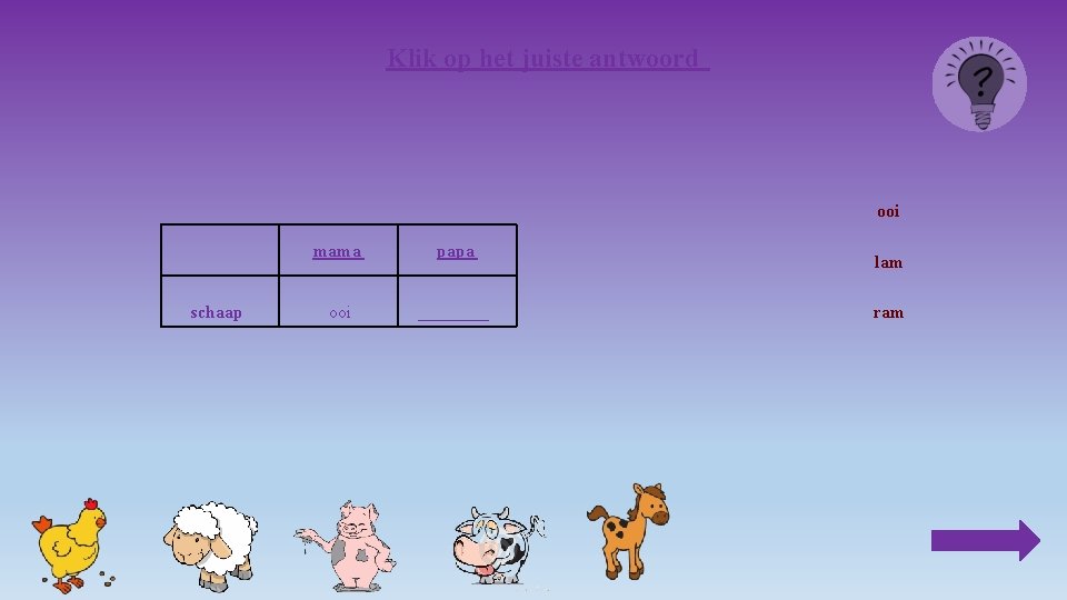 Klik op het juiste antwoord ooi schaap mama papa ooi ____ lam ram 