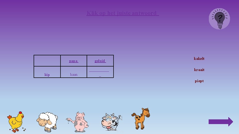 Klik op het juiste antwoord kip papa geluid haan _____ _ kakelt kraait piept