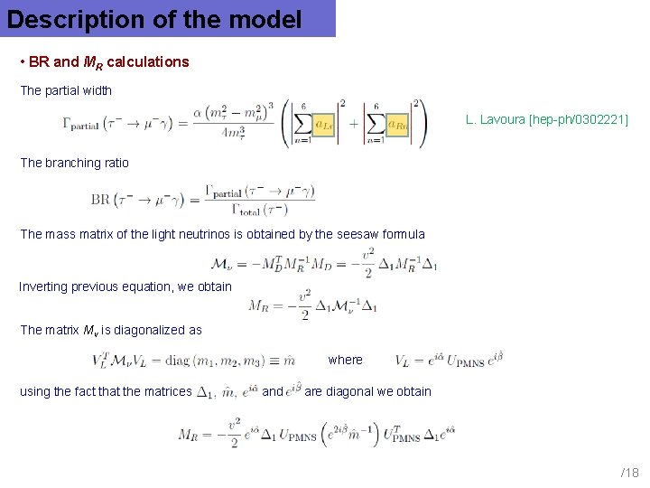 Description of the model • BR and MR calculations The partial width L. Lavoura