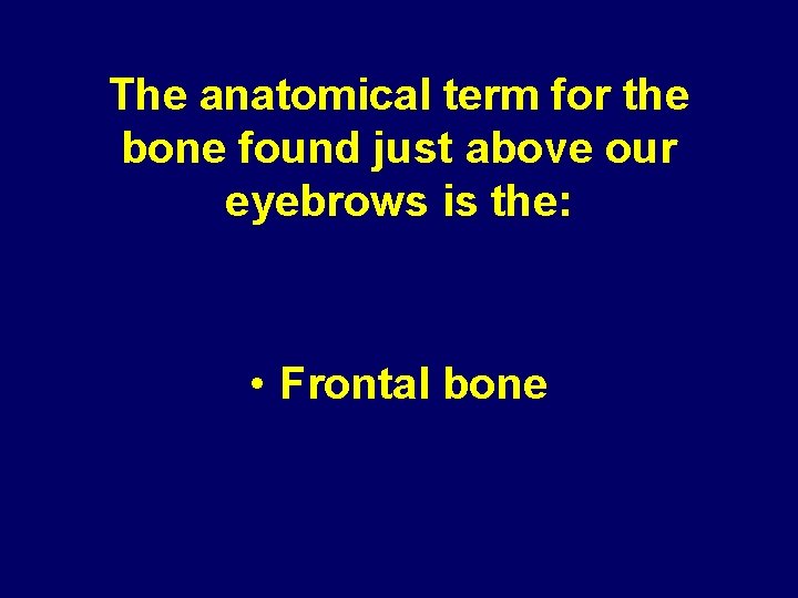 The anatomical term for the bone found just above our eyebrows is the: • The anatomical term for the bone found just above our eyebrows is the: •