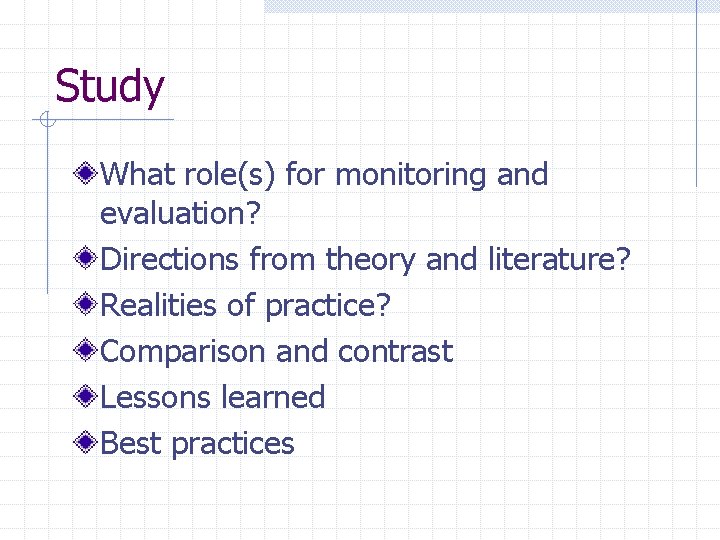 Study What role(s) for monitoring and evaluation? Directions from theory and literature? Realities of
