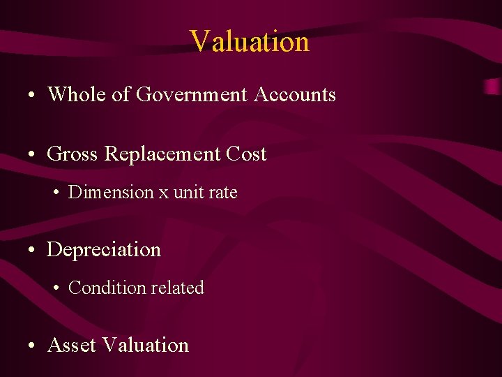 Valuation • Whole of Government Accounts • Gross Replacement Cost • Dimension x unit