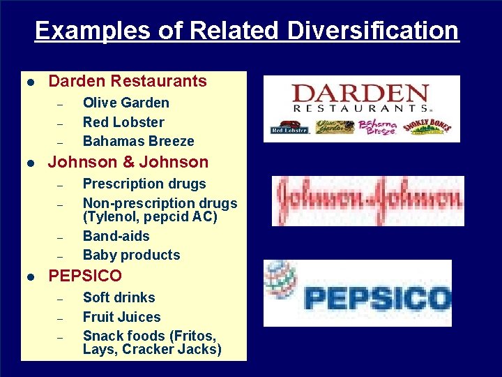 Examples of Related Diversification l Darden Restaurants – – – l Johnson & Johnson