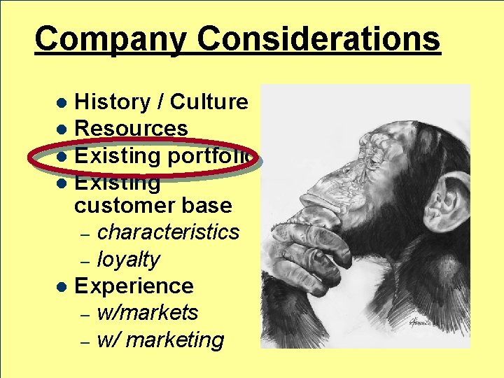 Company Considerations History / Culture l Resources l Existing portfolio l Existing customer base